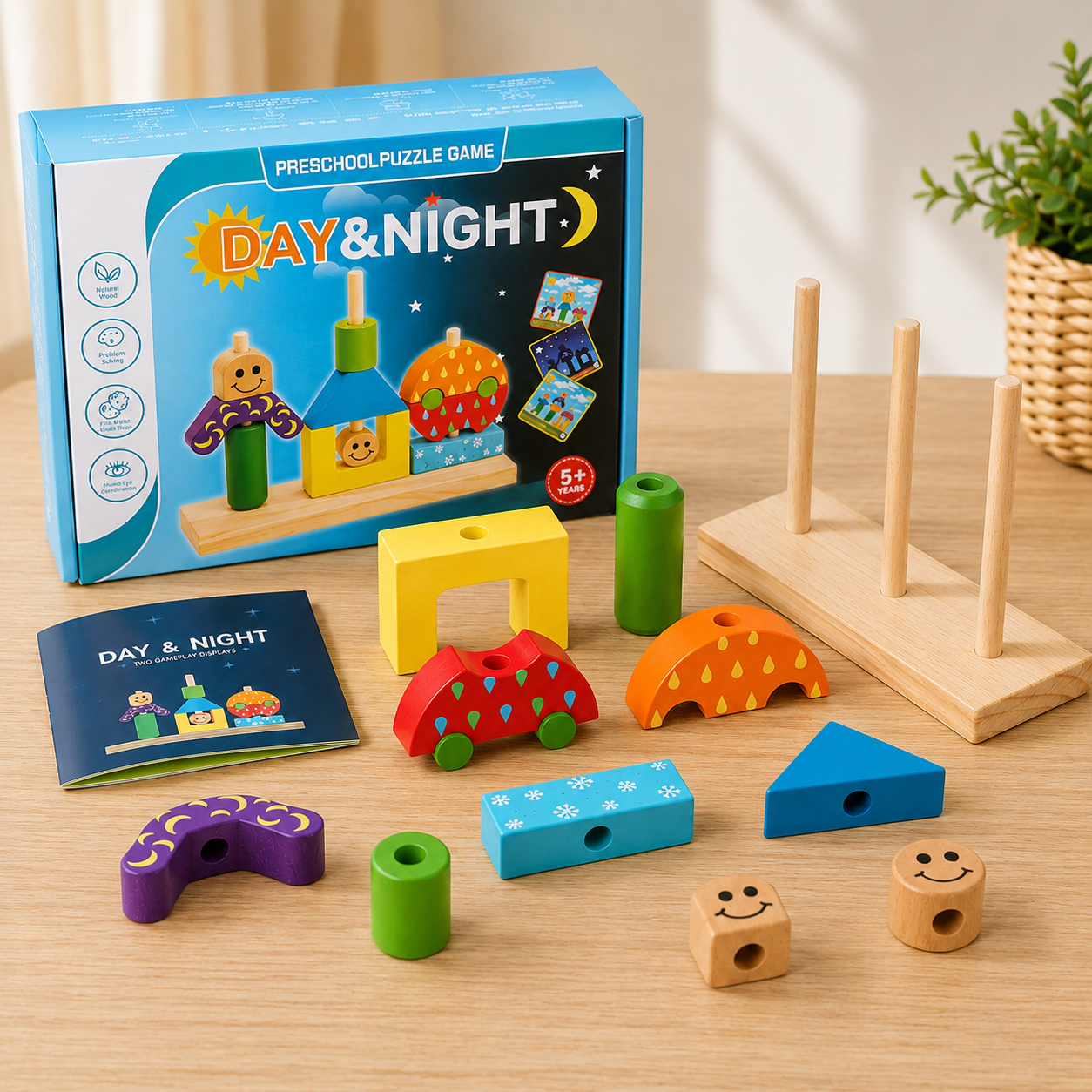 Preschool wooden puzzle game set labeled DAY & NIGHT, shown with its blue storage box, wooden peg board, booklet, and assorted colorful wooden blocks and shapes on a light wood tabletop.